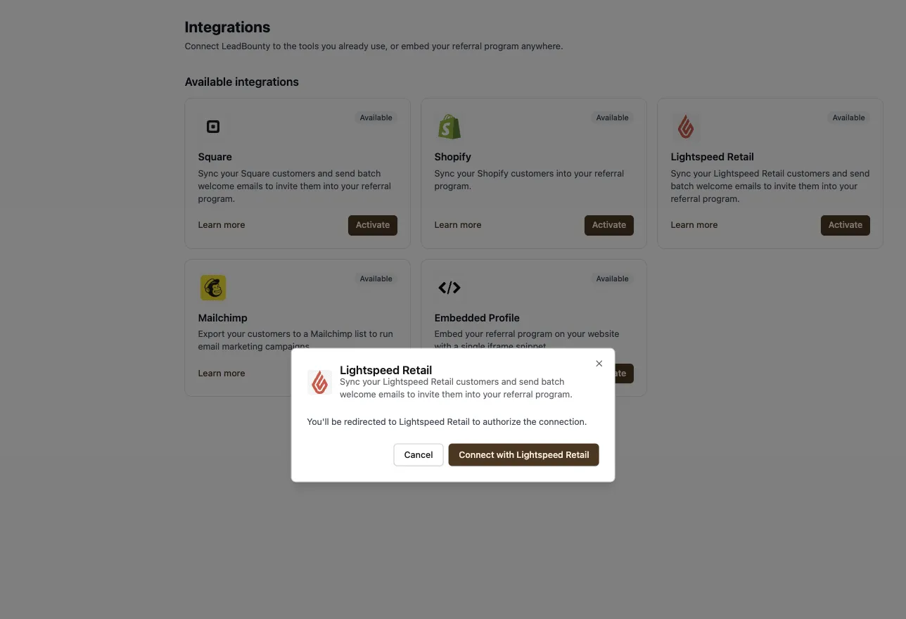 The LeadBounty Integrations page with the Lightspeed Retail window open, showing a Connect with Lightspeed Retail button