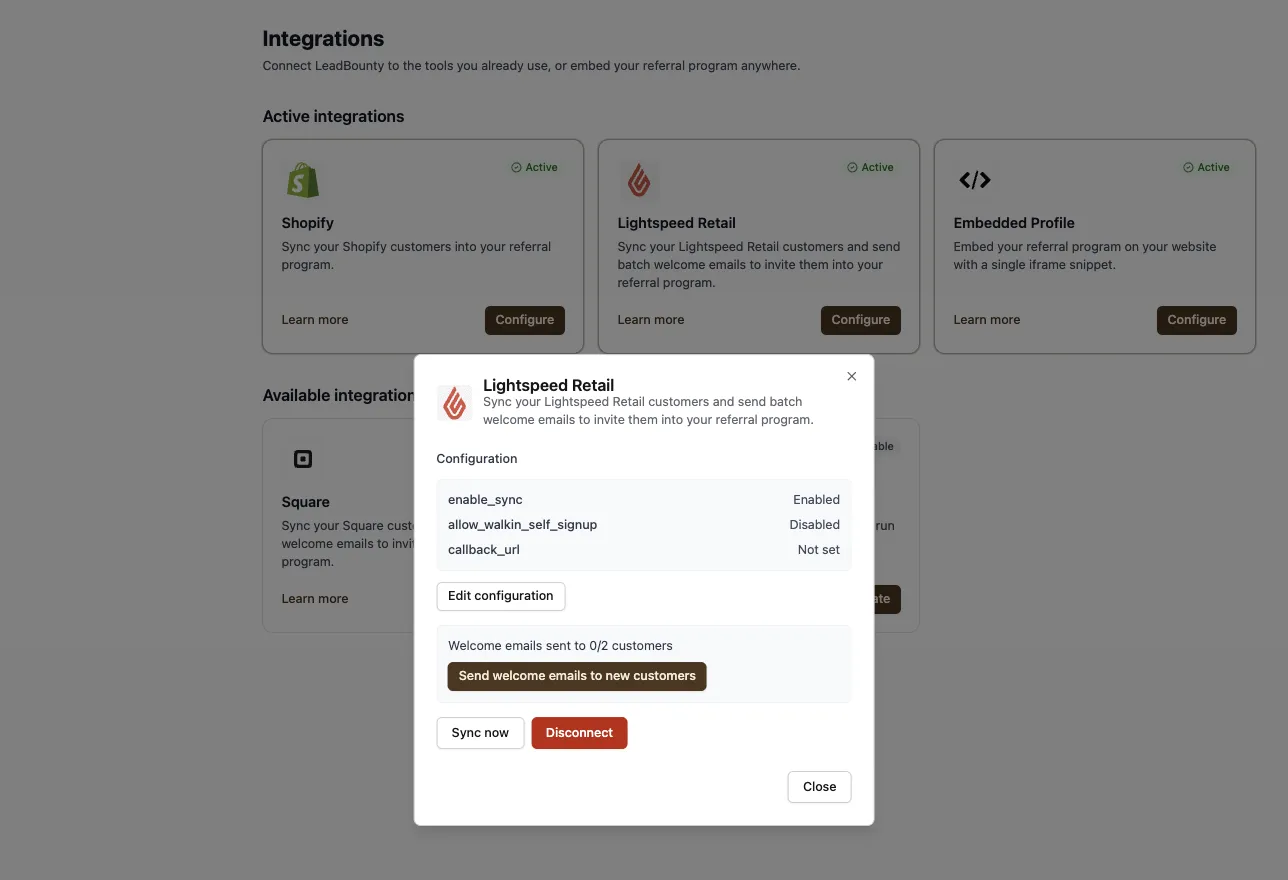 The Lightspeed Retail Configure window in LeadBounty with the Sync now and Send welcome emails to new customers buttons
