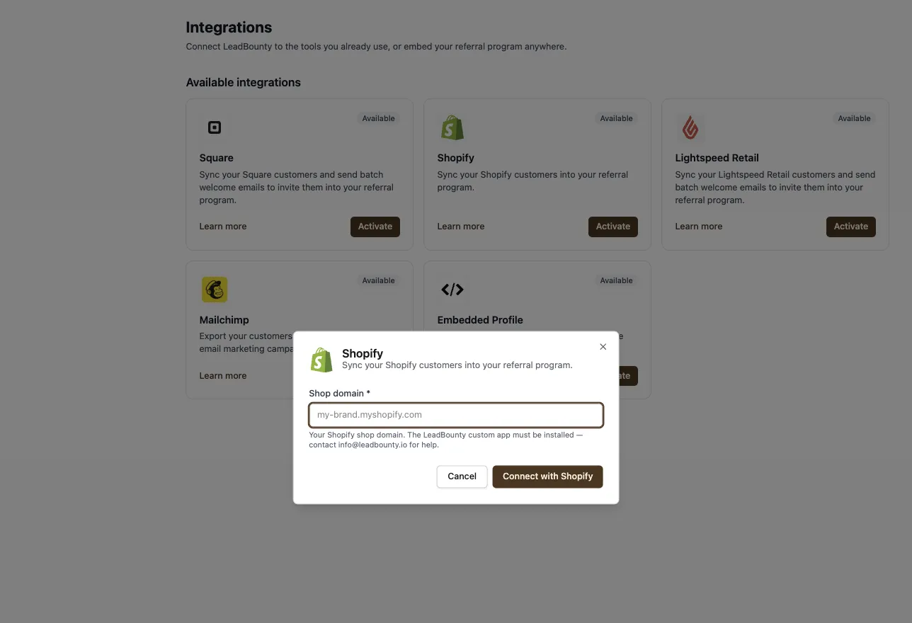 The LeadBounty Integrations page with the Shopify window open, showing the Shop domain field and a Connect with Shopify button