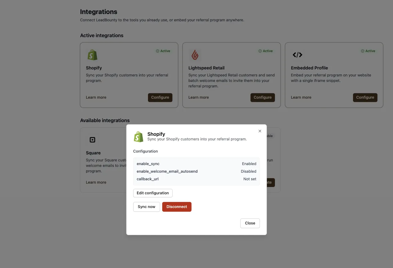 The Shopify Configure window in LeadBounty with the Sync now button