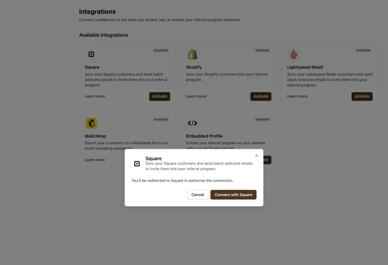 The LeadBounty Integrations page with the Square window open, showing a Connect with Square button