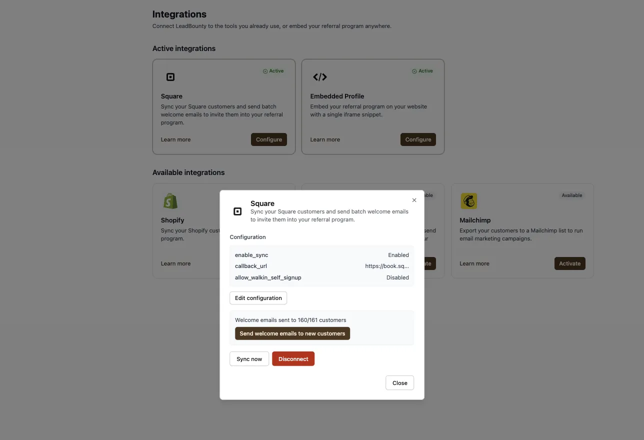 The Square Configure window in LeadBounty with the Sync now and Send welcome emails to new customers buttons